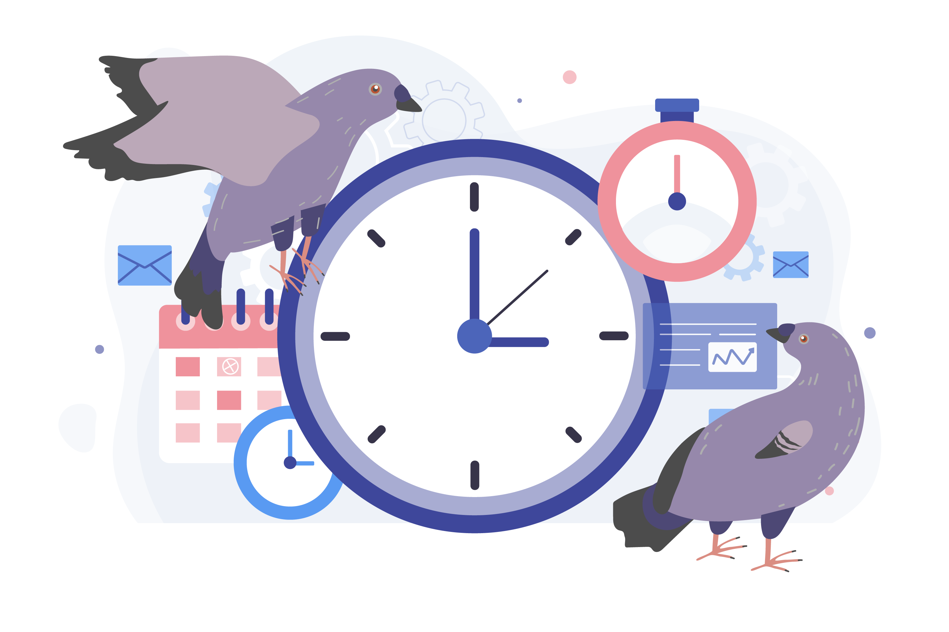 Tauben mit Uhren und Kalendern